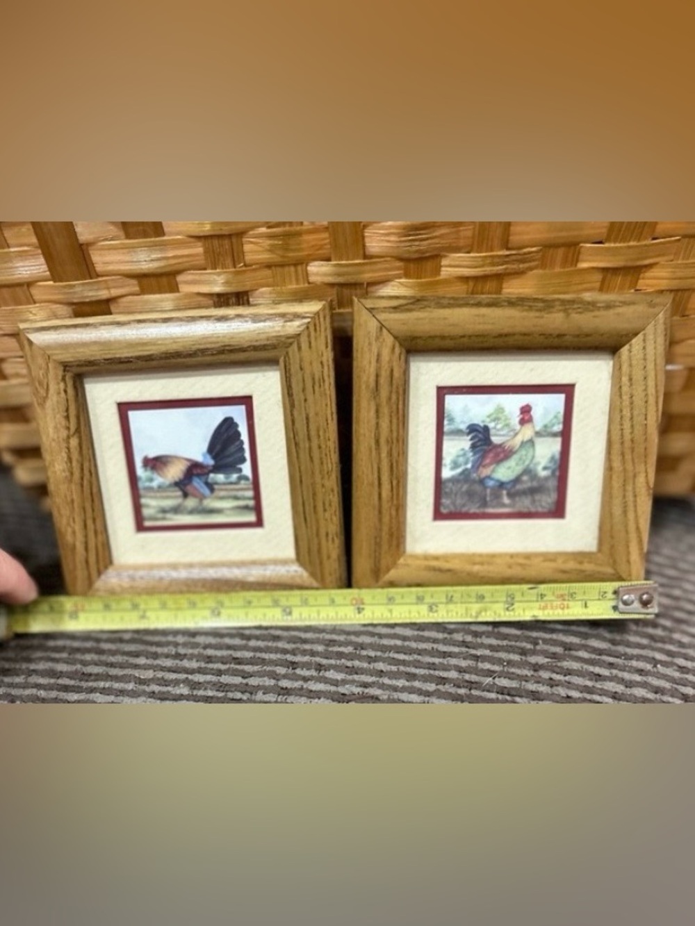 Vintage Set of 2 A. Renee Dollar "Roosters in the Barn Yard" Mini Framed Prints